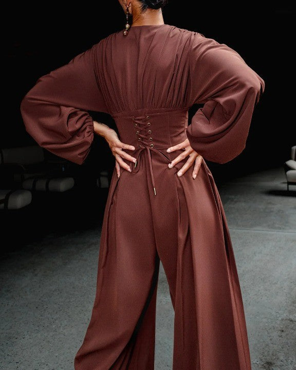 Brown Deep V Lantern Long Sleeve Jumpsuit