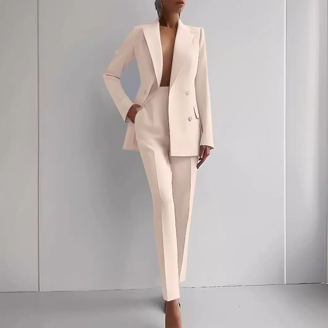 Casual Commuting Solid Color Blazer & High Waist Pants Set
