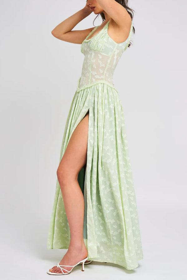 Light Green Square Neck Jacquard Textured High Slit Maxi Dress