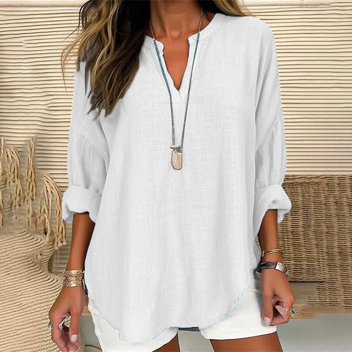 Solid Color V-Neck Long Sleeved Loose Casual Blouse