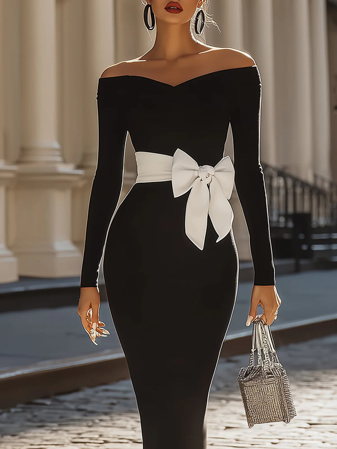 Black and white contrast off-the-shoulder bow dress