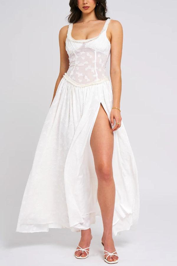 Light Green Square Neck Jacquard Textured High Slit Maxi Dress