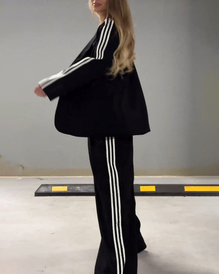 Fashionable Striped Blazer & Wide Leg Pants Two-Piece Set