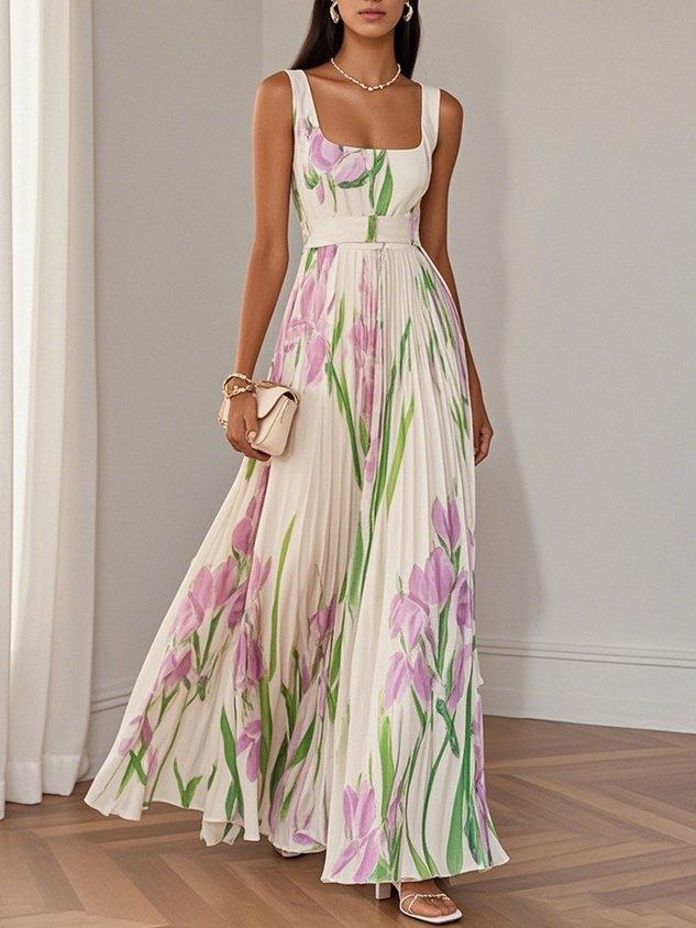 White Pleated Floral Chiffon Square Neck Sleeveless A-Line Maxi Dress