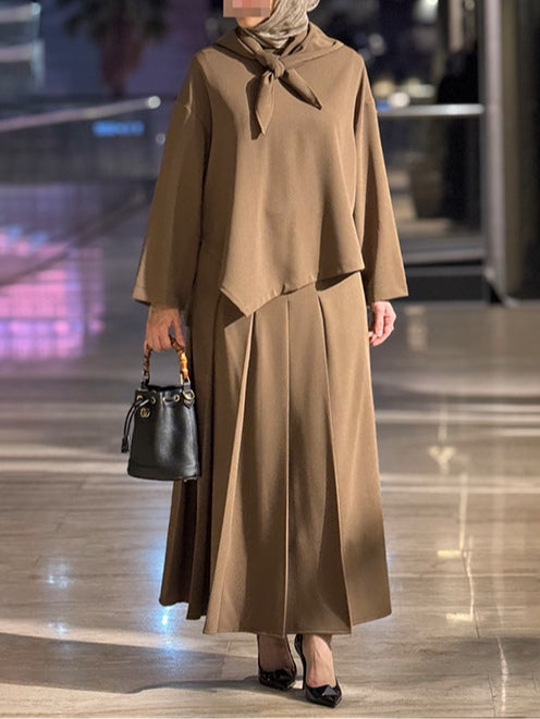 Asymmetrical hem top and pleated skirt set with a silk scarf