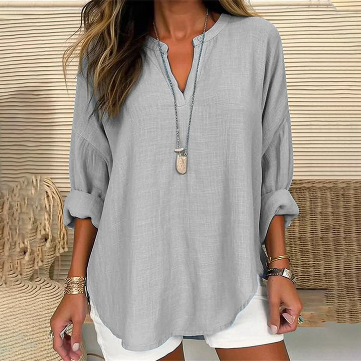 Solid Color V-Neck Long Sleeved Loose Casual Blouse