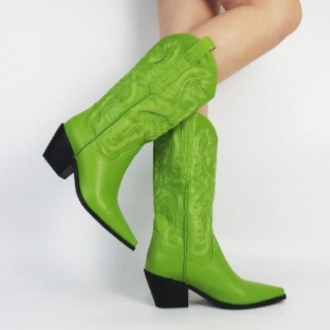 Embroidered Pointed Toe Thick Heel Western Boots