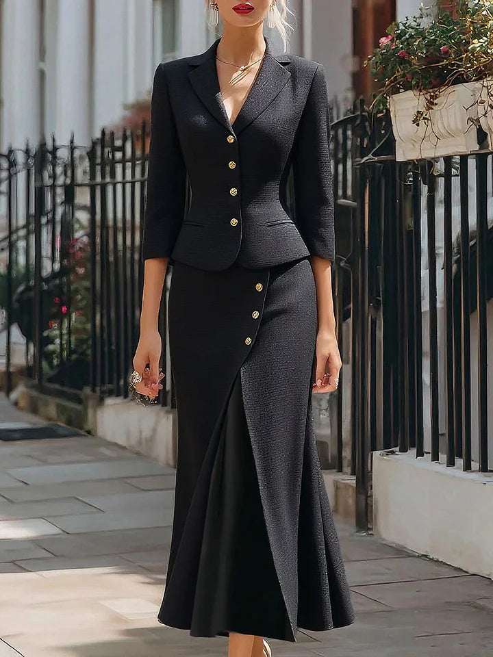 Elegant button-down blazer and midi skirt set