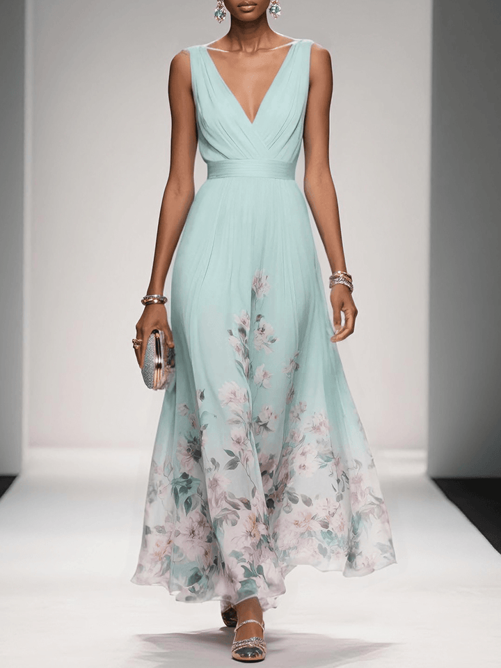 Light Blue Floral Chiffon V Neck Sleeveless A-Line Maxi Dress