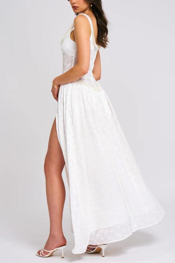 Light Green Square Neck Jacquard Textured High Slit Maxi Dress