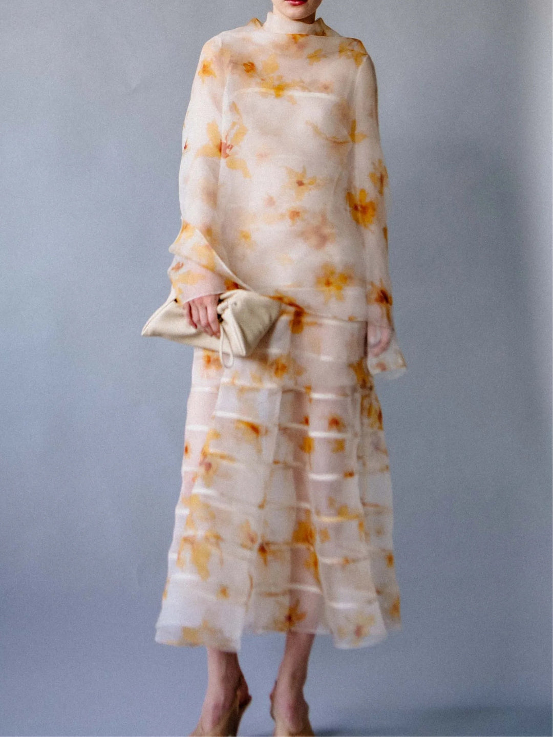 Tulle printed slip dress with tulle pullover top