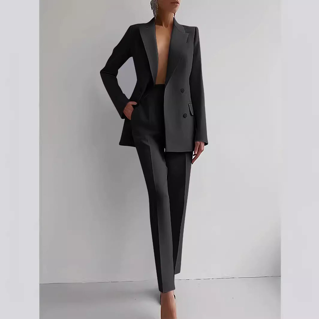 Casual Commuting Solid Color Blazer & High Waist Pants Set