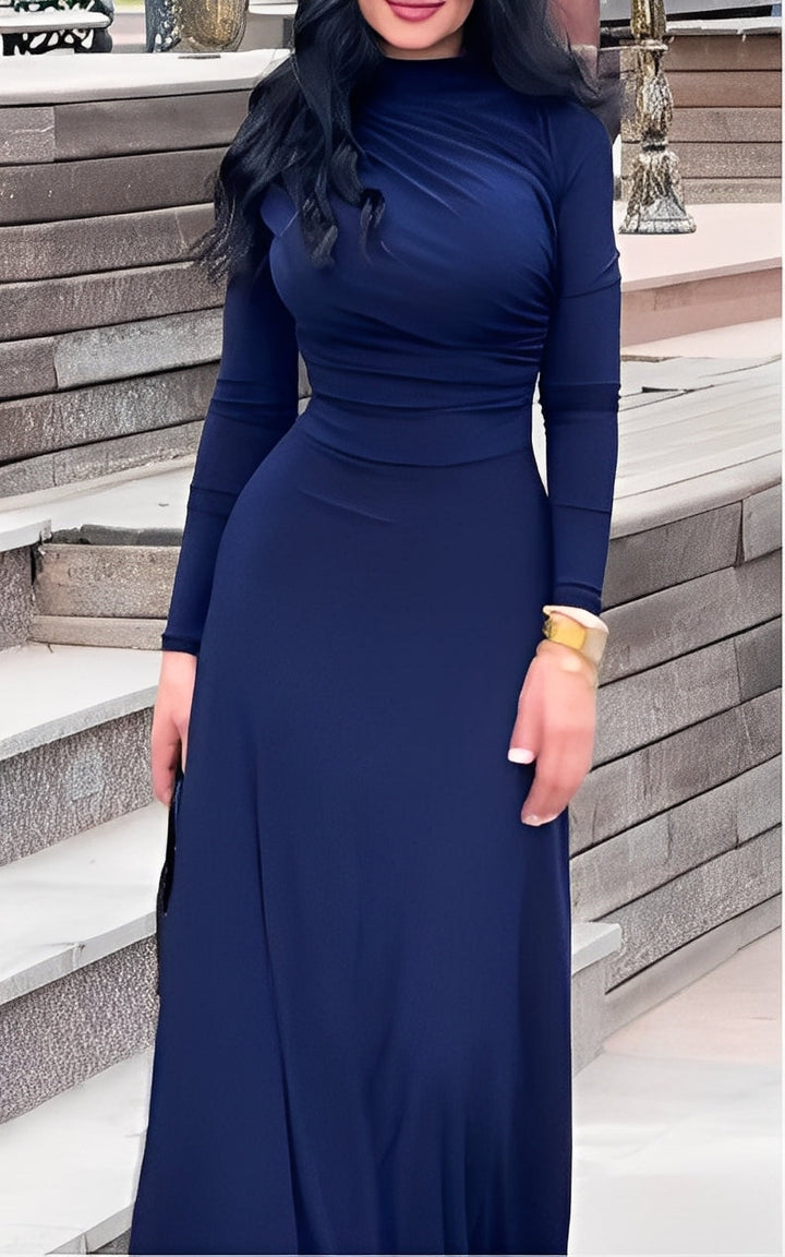 Elegant Solid Color High Neck Wrap Maxi Dress