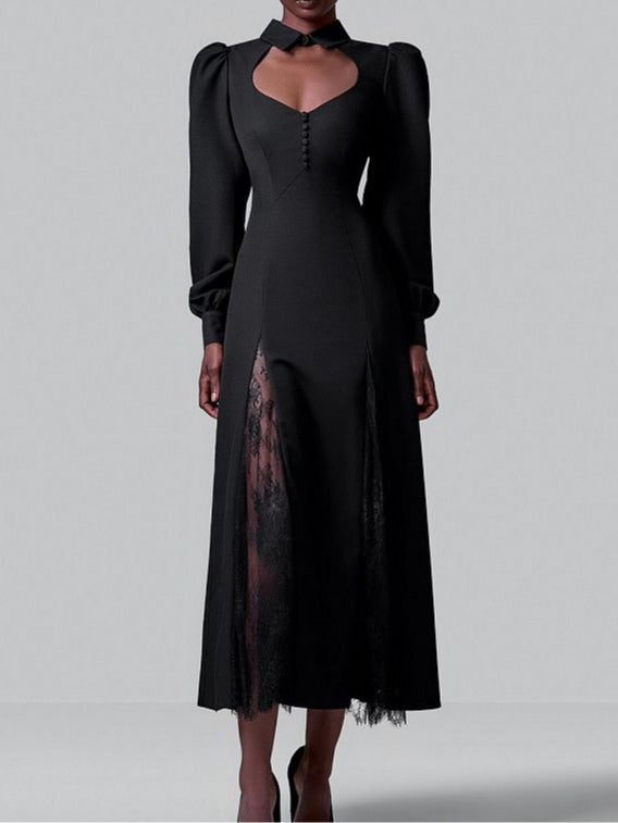 Lapel Hollow Lantern Sleeve Lace Dress