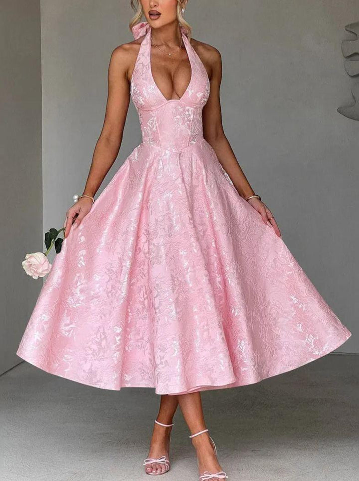 V-Neck Jacquard Midi Dress