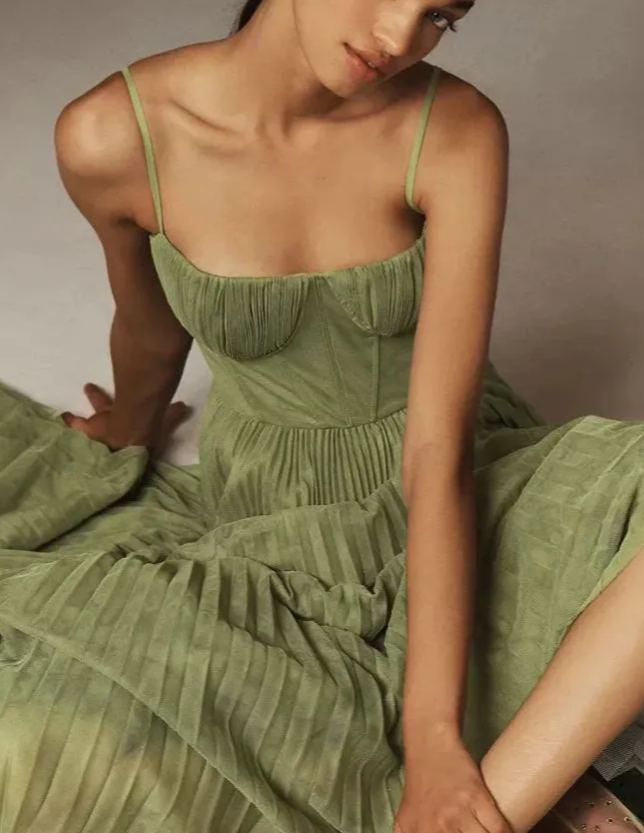 Bustier Pleated Tulle Fit & Flare Midi Dress