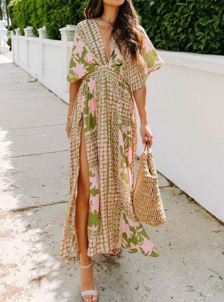 Floral Plunge Half Sleeve Dress