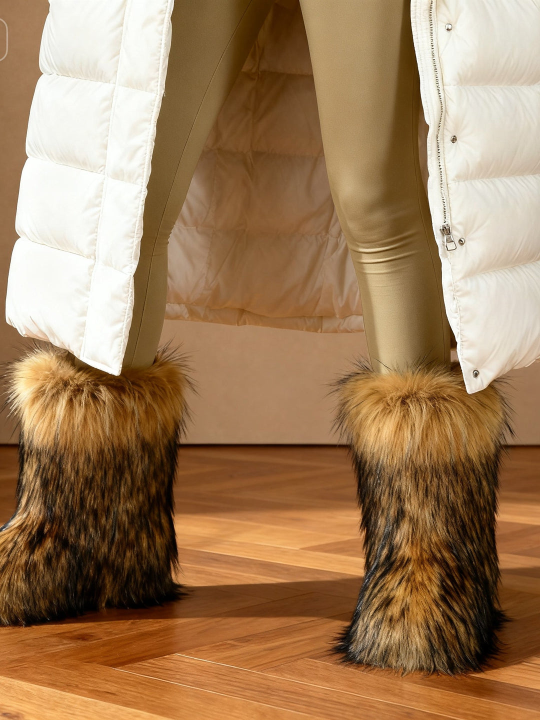 Faux raccoon fur mid-calf boots