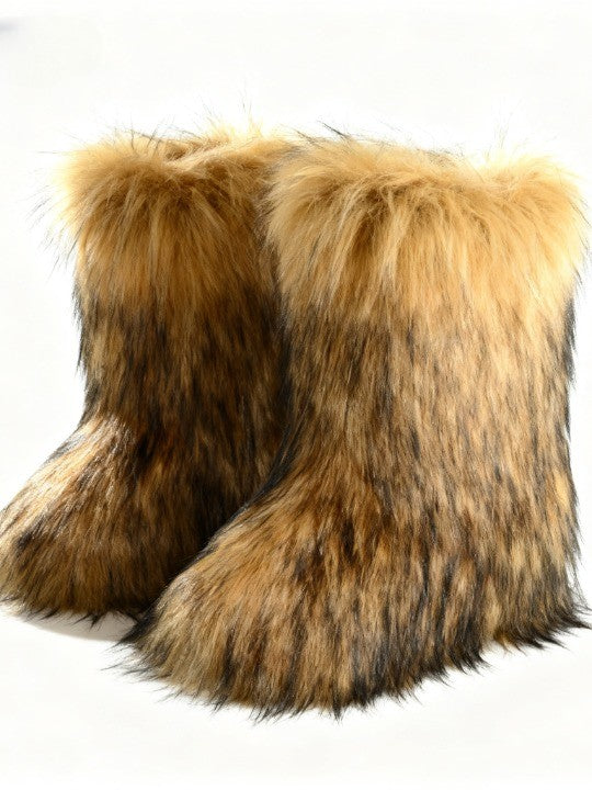 Faux raccoon fur mid-calf boots