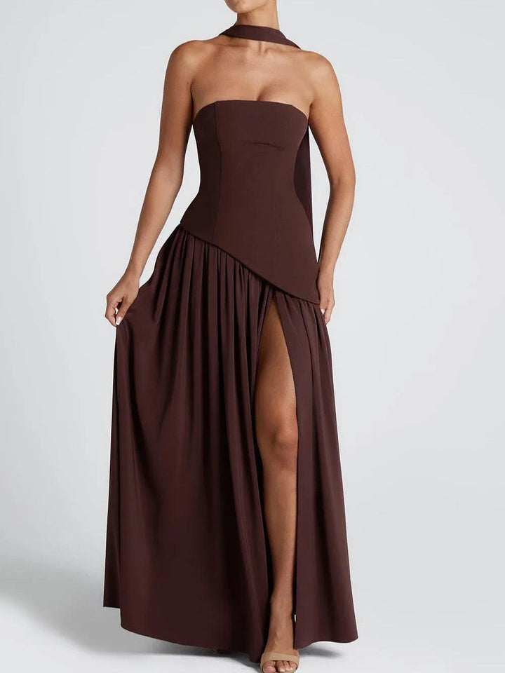 Strapless Slit Ribbon Maxi Dress
