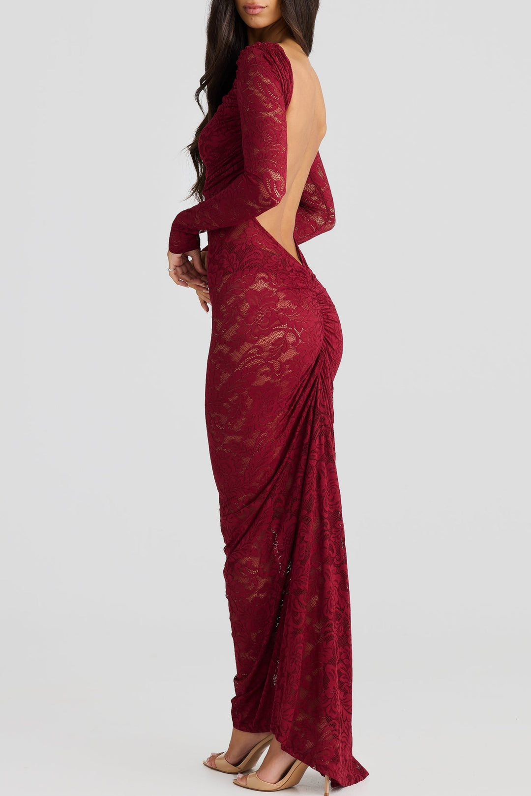 Hollowed Lace Long Sleeved Backless Maxi Dress