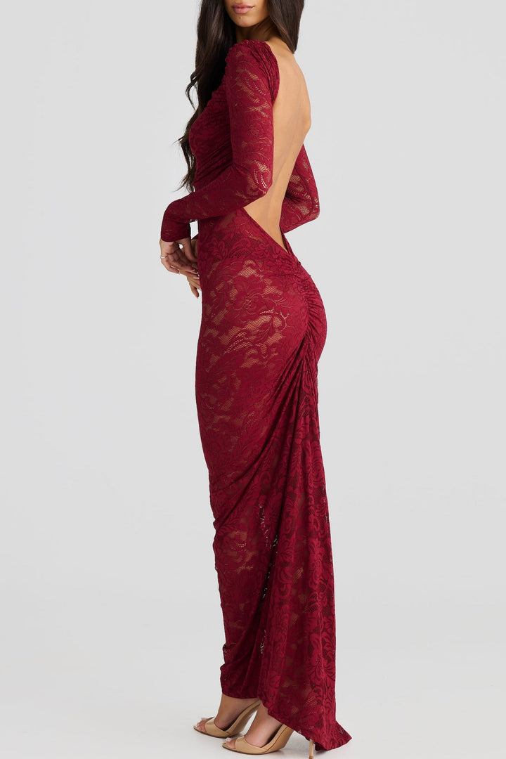 Hollowed Lace Long Sleeved Backless Maxi Dress