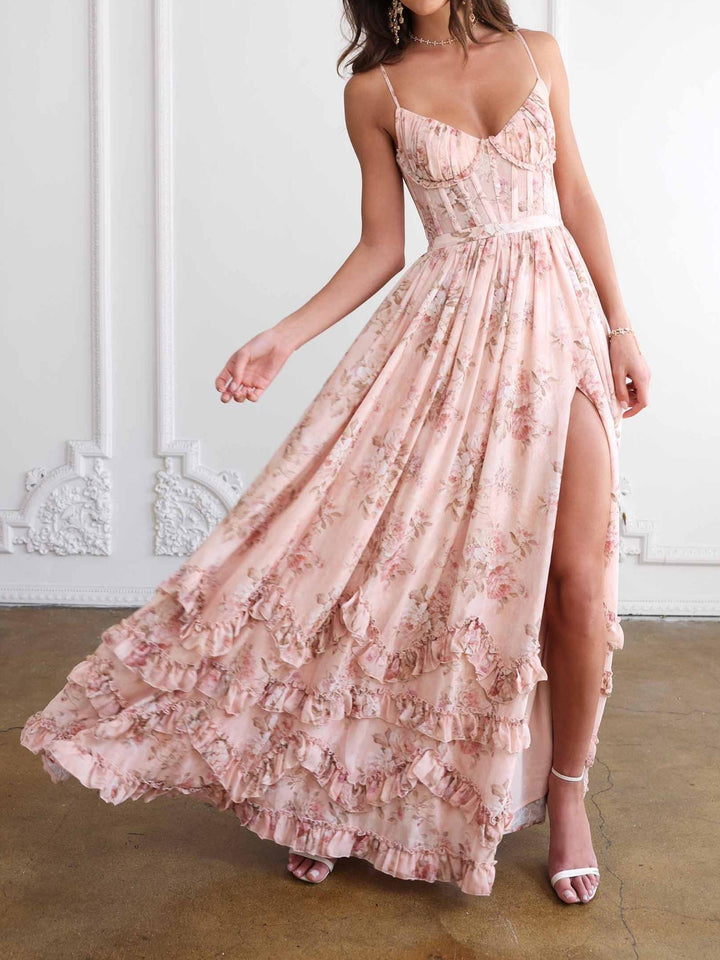 Floral Frill Split Maxi Dress