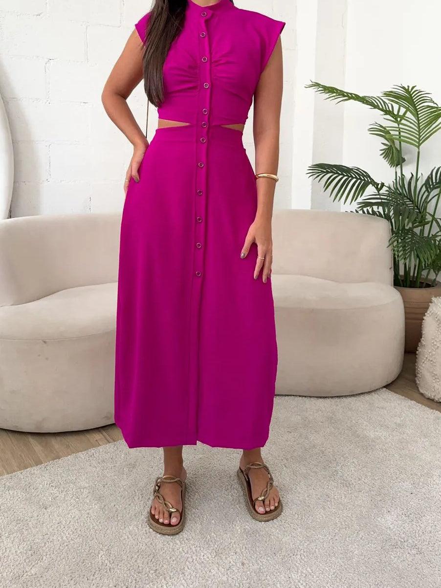 Shirt Breasted Back Cutout Casual Maxi Dress
