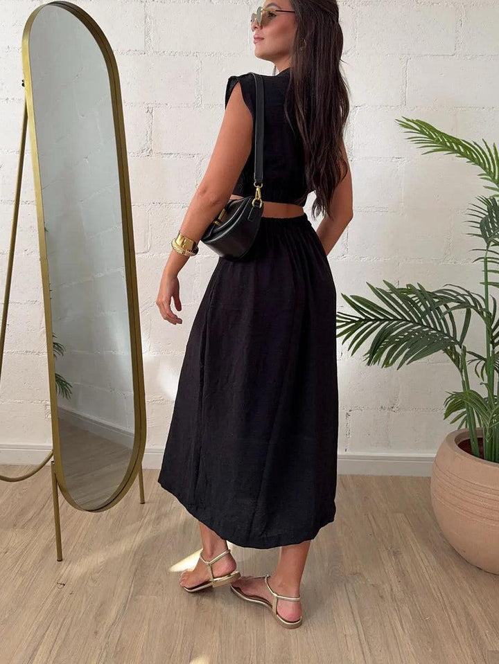 Shirt Breasted Back Cutout Casual Maxi Dress