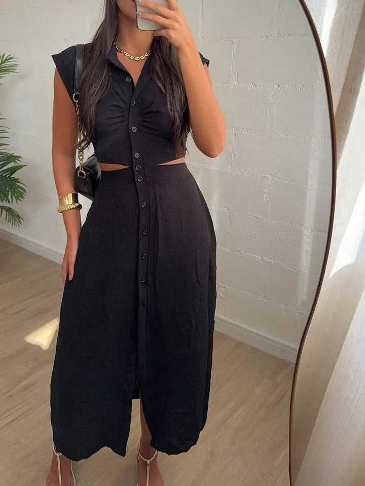 Shirt Breasted Back Cutout Casual Maxi Dress