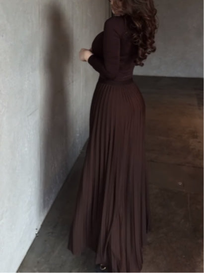 Brown long-sleeved top and pleated skirt set
