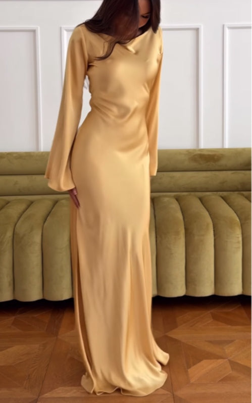 Gold Satin Long Sleeve Elegant Maxi Dress