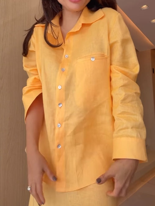 Warm yellow long-sleeved shirt and skirt set