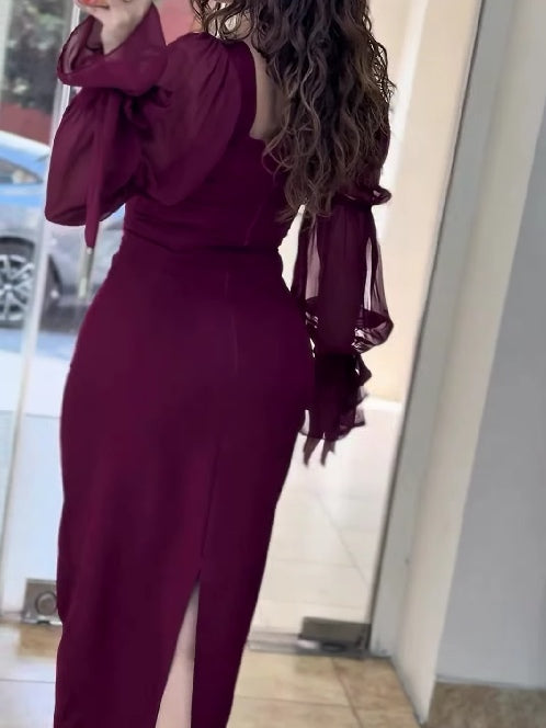 Chiffon Balloon Sleeves Square Neck Long Evening Dress