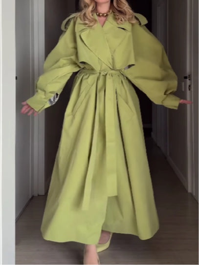 Green Oversized Puff Sleeve Trench Coat