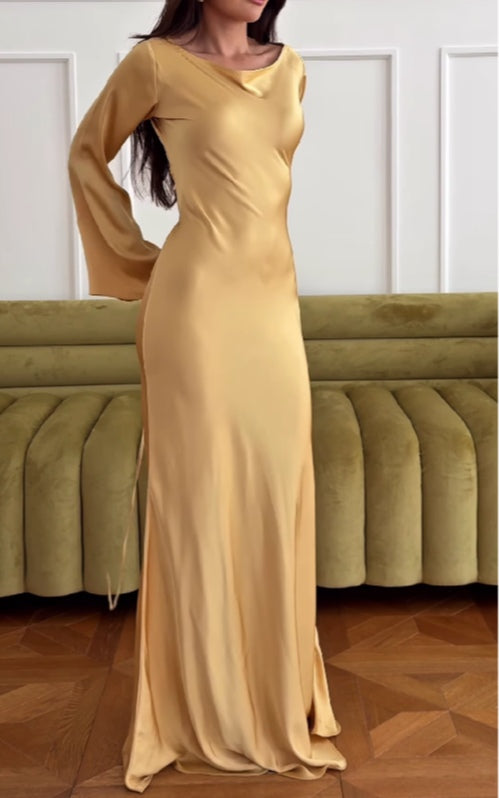 Gold Satin Long Sleeve Elegant Maxi Dress