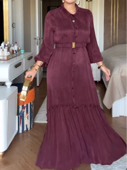 Elegant single-breasted button-down dress with belt