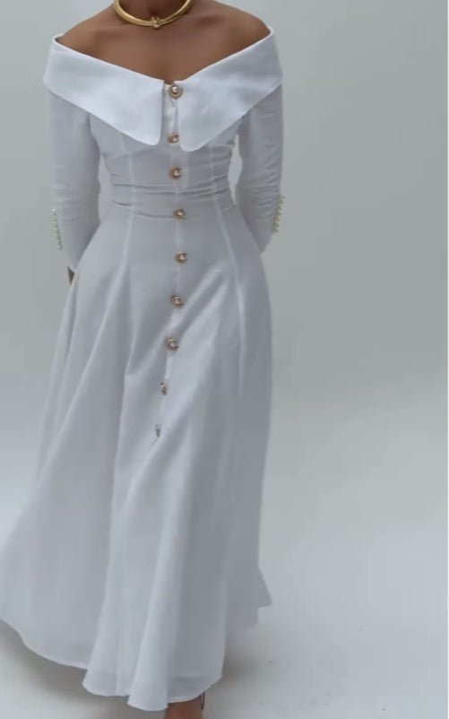 White off-the-shoulder lapel button dress