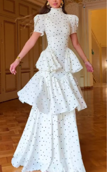 High-neck puff-sleeve polka-dot maxi dress