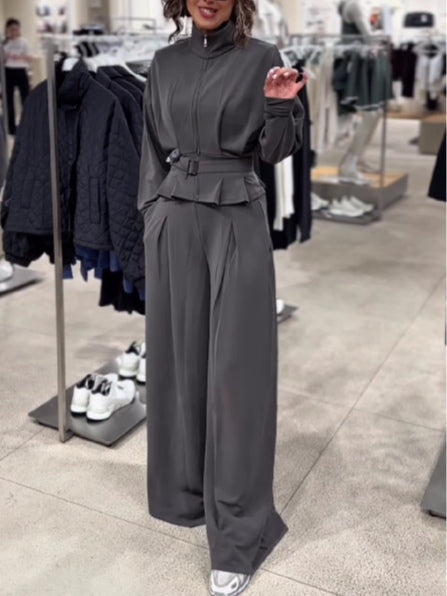 Dark grey turtleneck zip-up top and trousers set