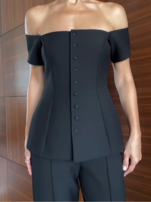 Off-shoulder short-sleeved button-down vest suit