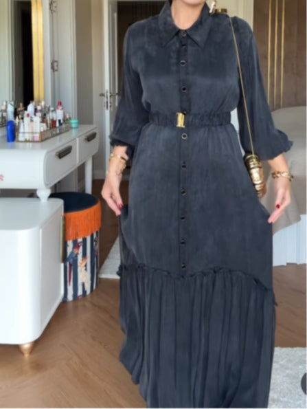 Elegant single-breasted button-down dress with belt