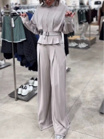 Dark grey turtleneck zip-up top and trousers set