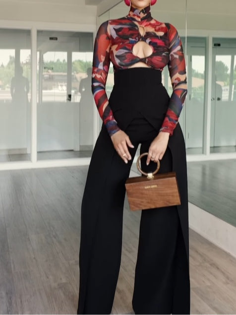 Hollow-out printed top and wide-leg leggings set