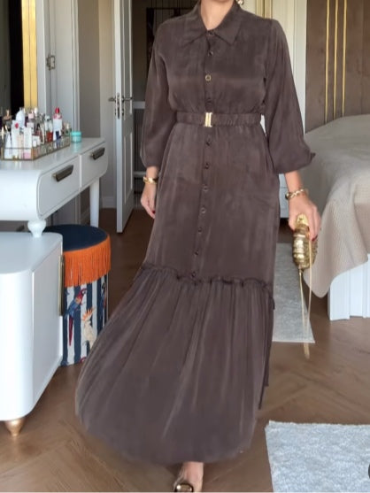 Elegant single-breasted button-down dress with belt