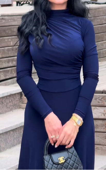 Elegant Solid Color High Neck Wrap Maxi Dress