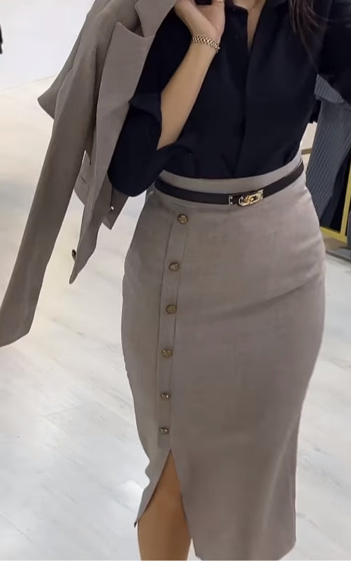 Asymmetrical button-down blazer and skirt set