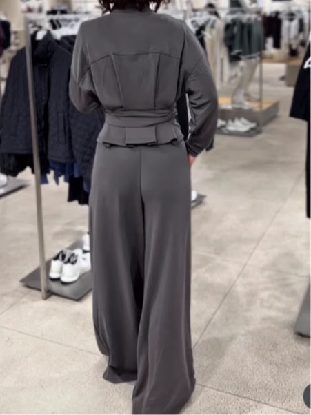 Dark grey turtleneck zip-up top and trousers set
