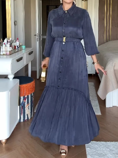 Elegant single-breasted button-down dress with belt