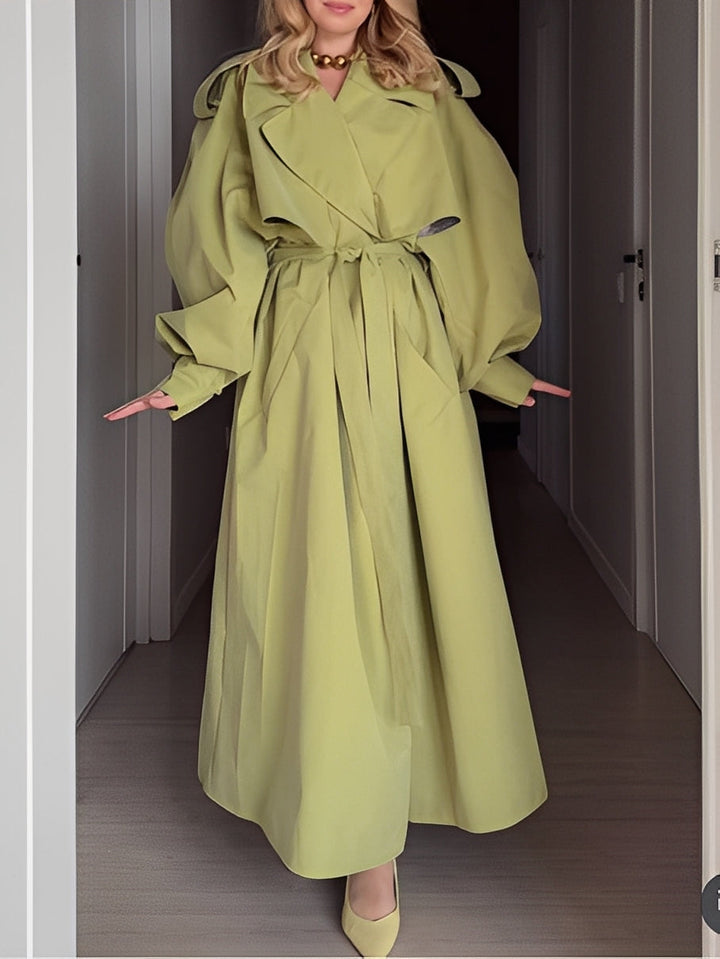 Green Oversized Puff Sleeve Trench Coat